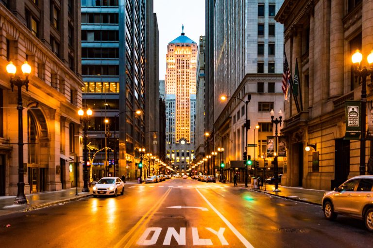 A view looking south along Lasalle St. in Chicago, with the Chicago Board of Trade building visible at center.